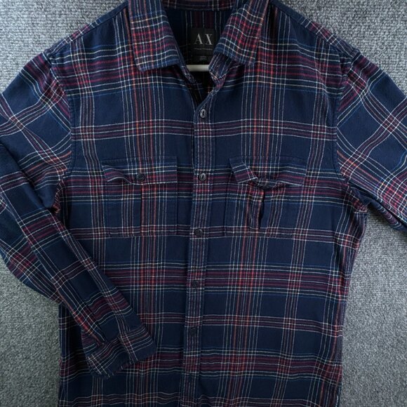Armani Exchange Flannel Shirt Mens M Blue Plaid Long Sleeve Button Regular Fit - Picture 1 of 12